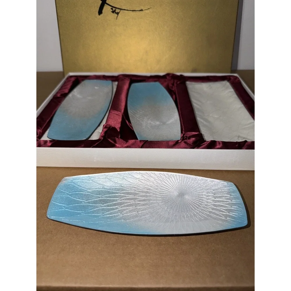 Japanese Handmade Enamel Oshibori‎ Towel Tray Set 3 Blue White Gradient 7in